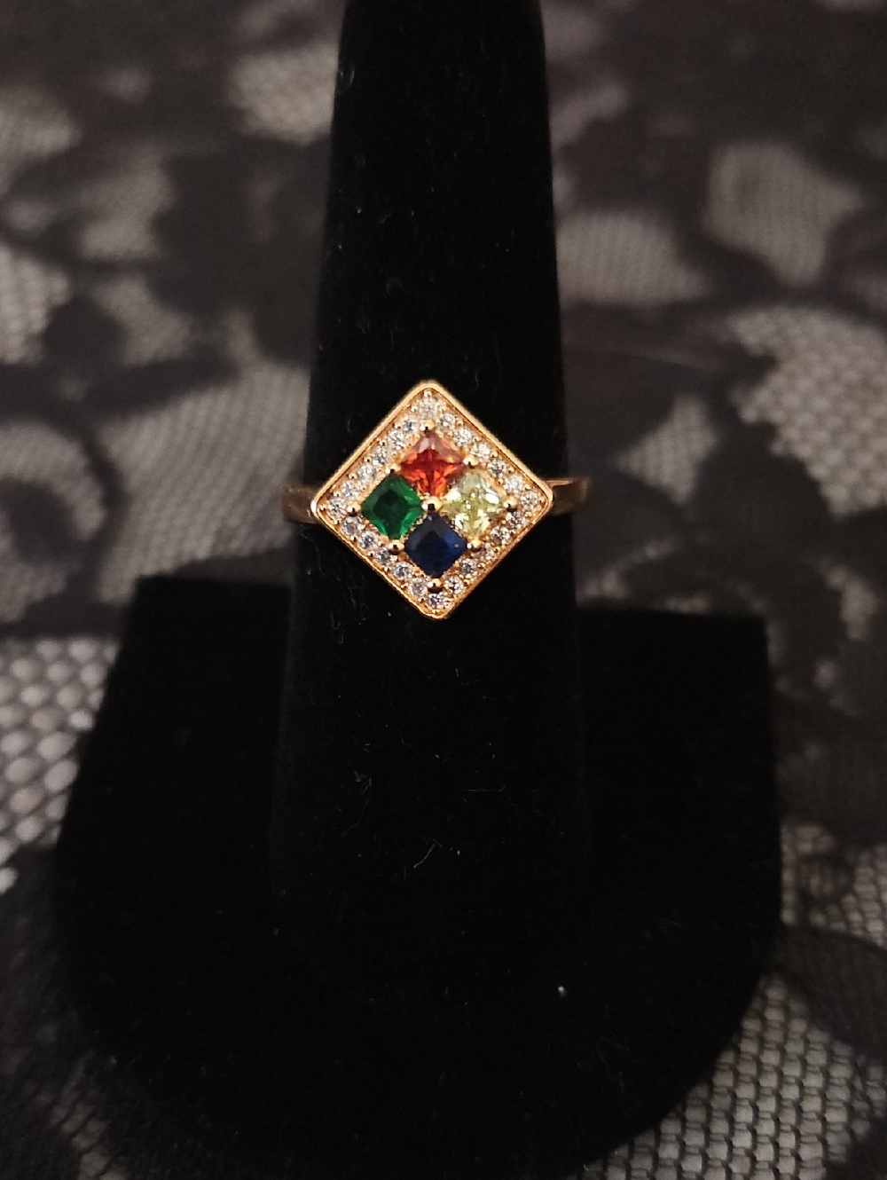 Gold-Tone Multi-Gem Square Cluster Ring - Red, Green, Blue, Yellow Stones